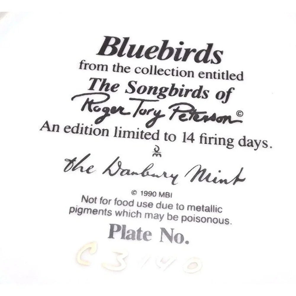 1990 Danbury Mint Bluebirds Collector's Limited Edition Porcelain Plate